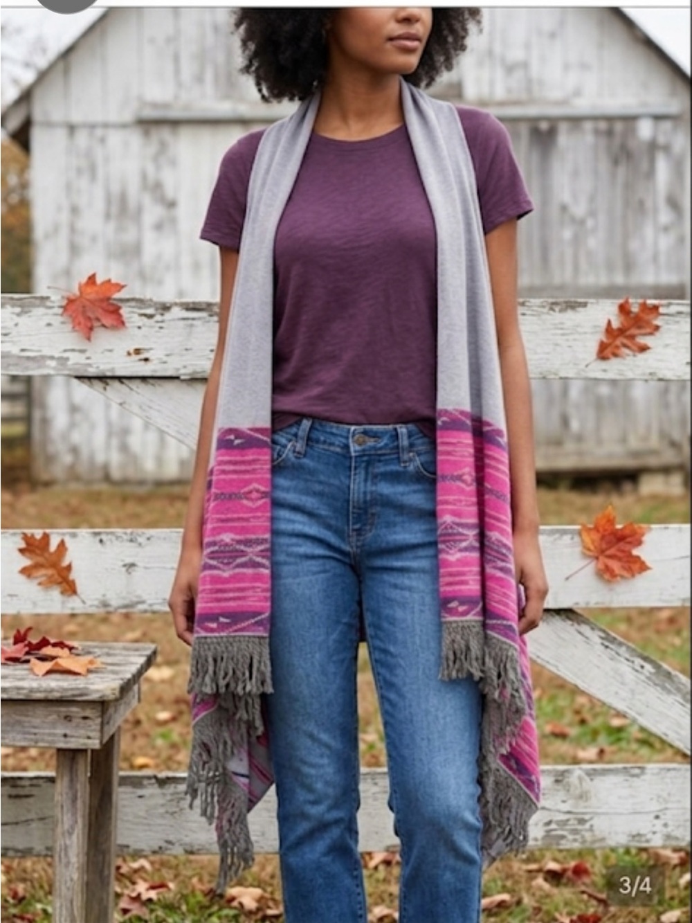Aratta Gray Shawl with Hot Pink Patterned Panels and Fringe nwt